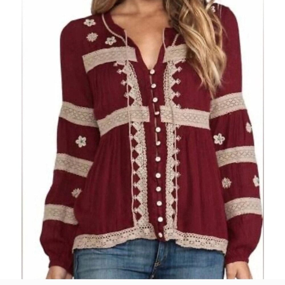 NWOT Free People Maroon Peasant Blouse